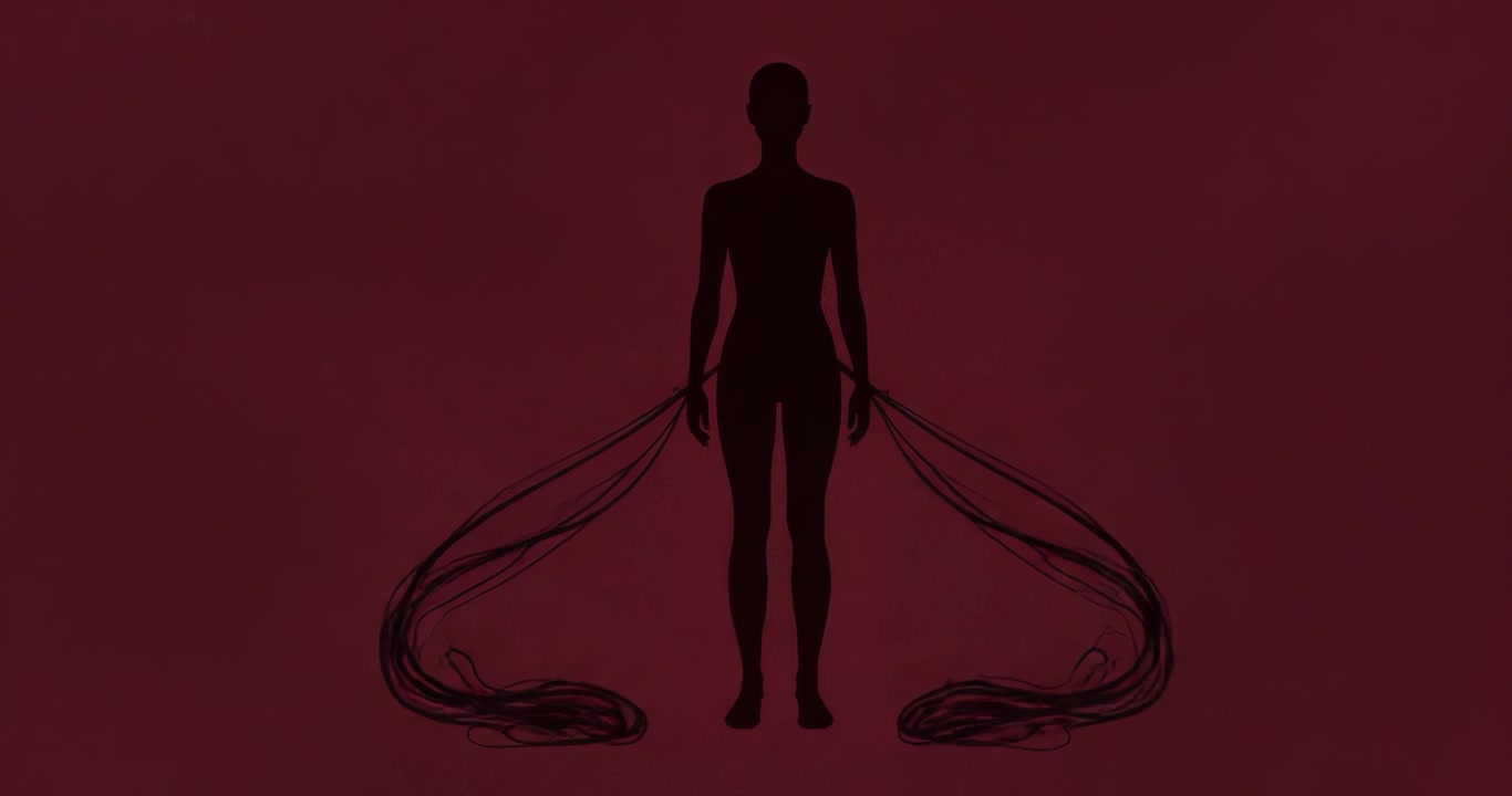 Silhouette di una donna con capelli fluenti su sfondo rosso