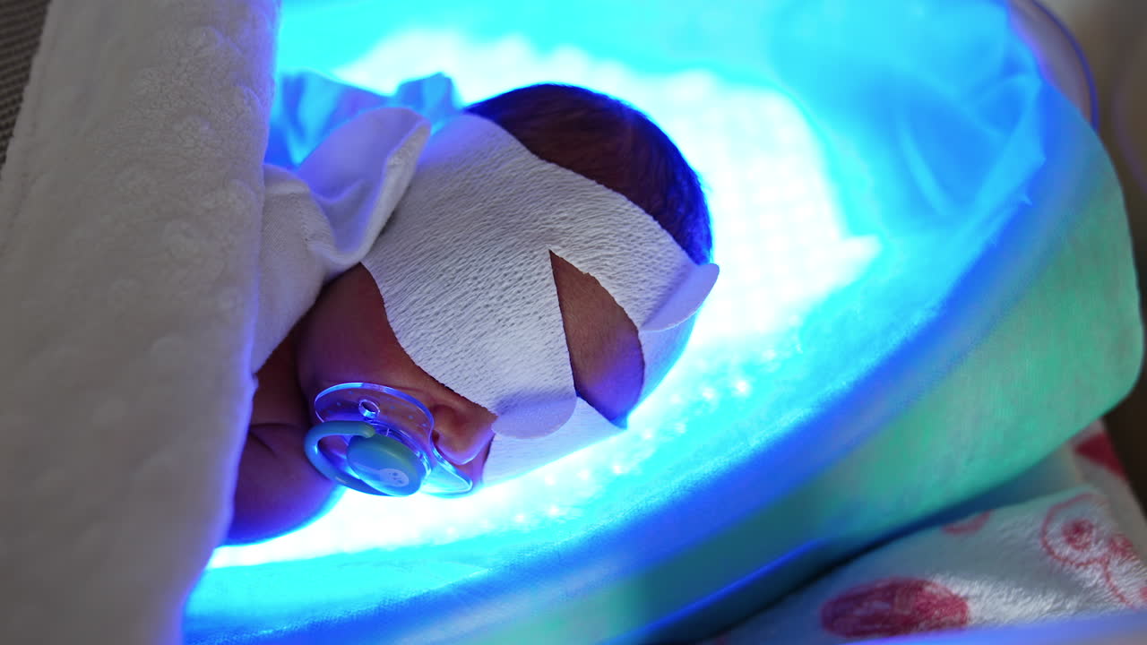 Newborn actively sucking pacifier lies in the crib on UV lamp. Little baby is treated from neonatal jaundice. Top view.