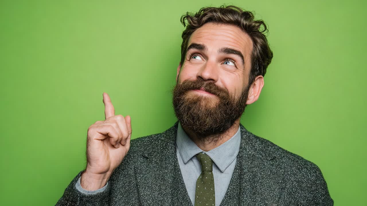 Un uomo in abito elegante indica verso l'alto con un'espressione pensierosa su uno sfondo verde vibrante, simboleggiando idee e ispirazione.