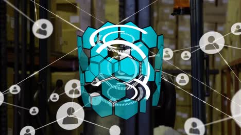 Animation-of-network-of-profiles-and-abstract-hexagonal-shapes-spinning-over-forklift-at-warehouse