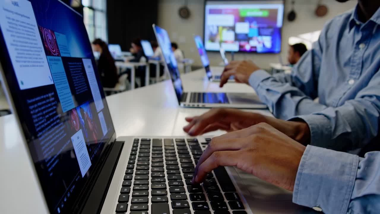 Hands typing on laptops in a classroom setting. Students focus on screens, engaged in digital