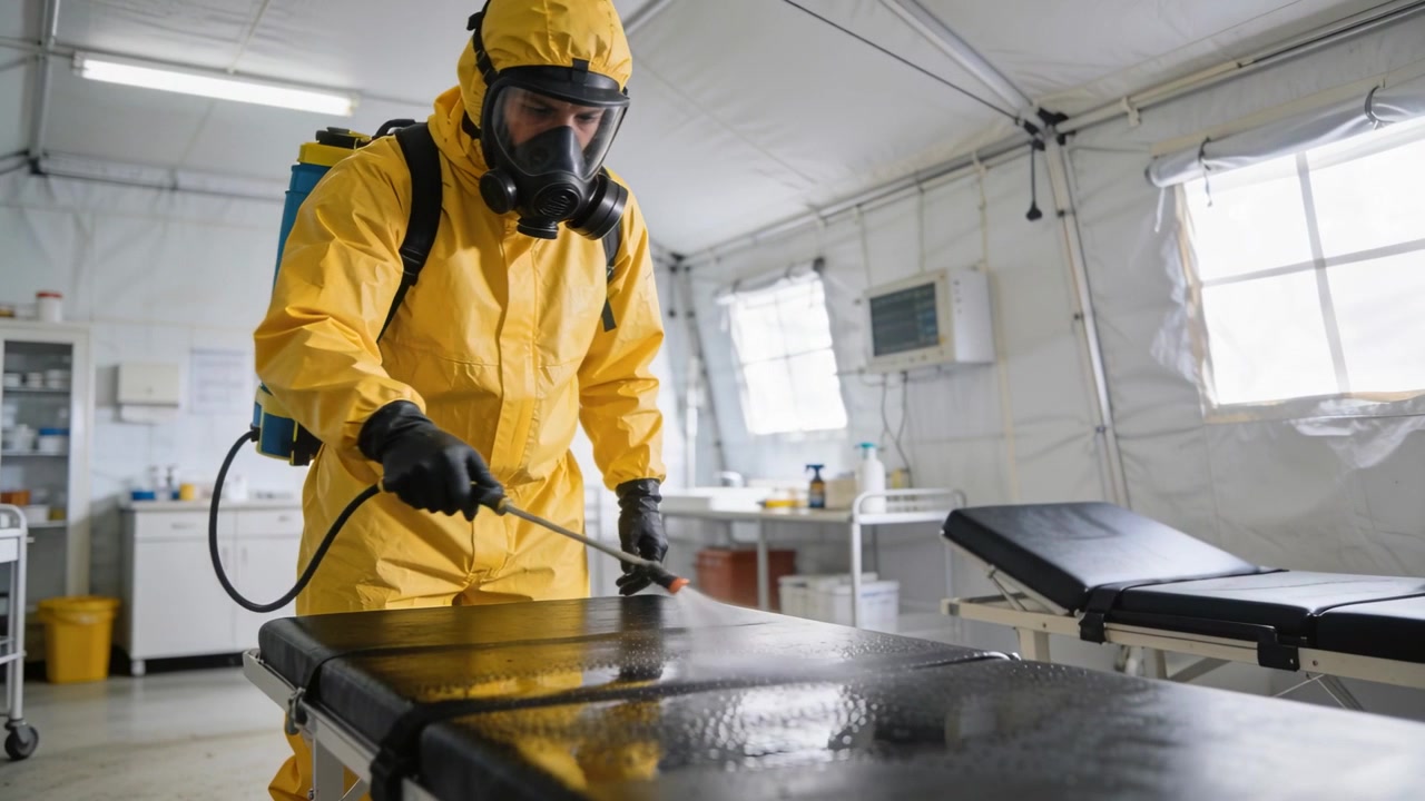 Spraying technician in yellow suit aiming wand, starting pump, sanitizing stretcher in medical tent