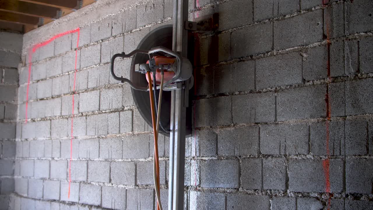 cortar ladrillos de hormigón con una gran sierra circular verticalmente hacia arriba