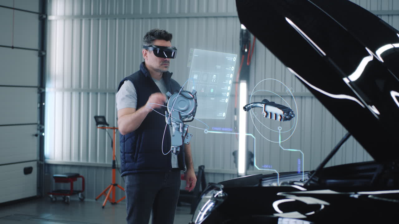 Automotive Technician Using Augmented Reality for Repair