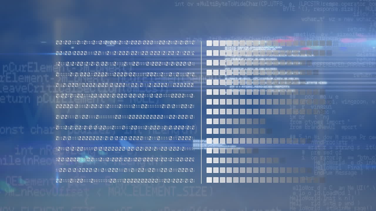 Animation of data processing and blue light trails against blue background