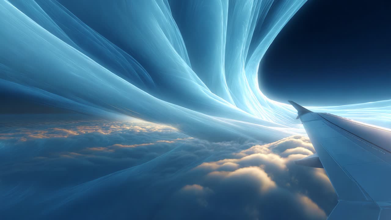A stunning aerial view captures the ethereal beauty of swirling clouds and vivid light patterns outside an airplane window, showcasing a surreal journey through the sky