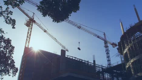 Animation-of-interface-display-with-scrolling-information-text-over-cranes-at-city-construction-site