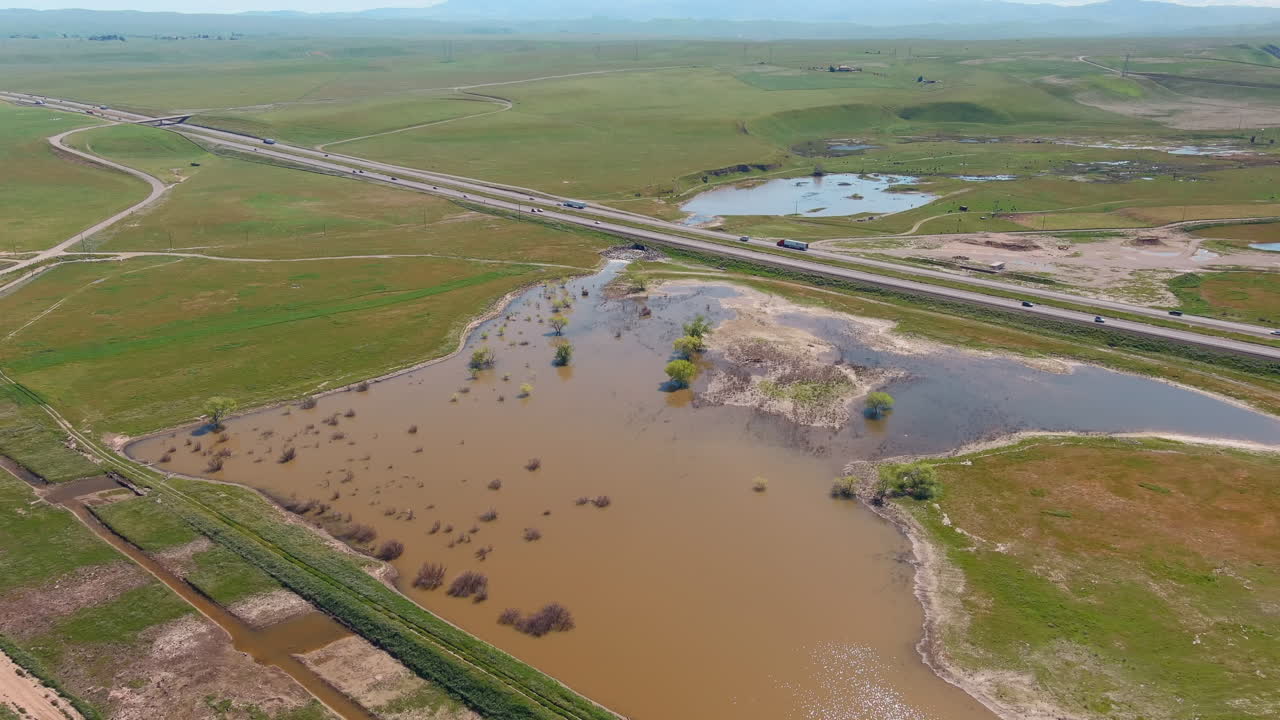 Aerial View Of The Flooded Area After Rain Storms Near Expressways In Merced County, California, USA