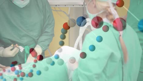 animación del adn rotando sobre cirujanos caucásicos femeninos y masculinos durante la operación