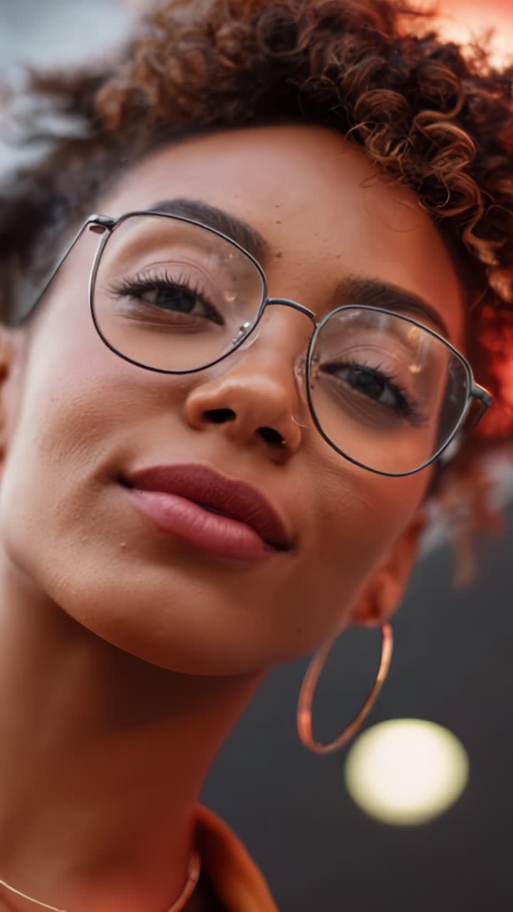 A Confident Young Woman Smiling Brightly, Showcasing Her Stylish Glasses and Curly Hair Against a Vibrant Background in Two Stunning Frames