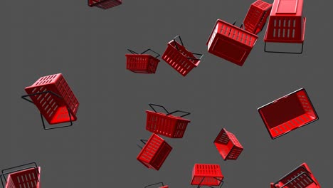 red plastic shopping baskets on gray background.