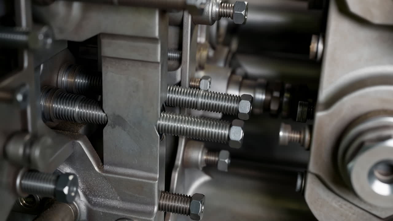 Closeup Industrial Metal Bolts And Screws Tightened Within Precision Assembly Mechanism, Stainless Steel