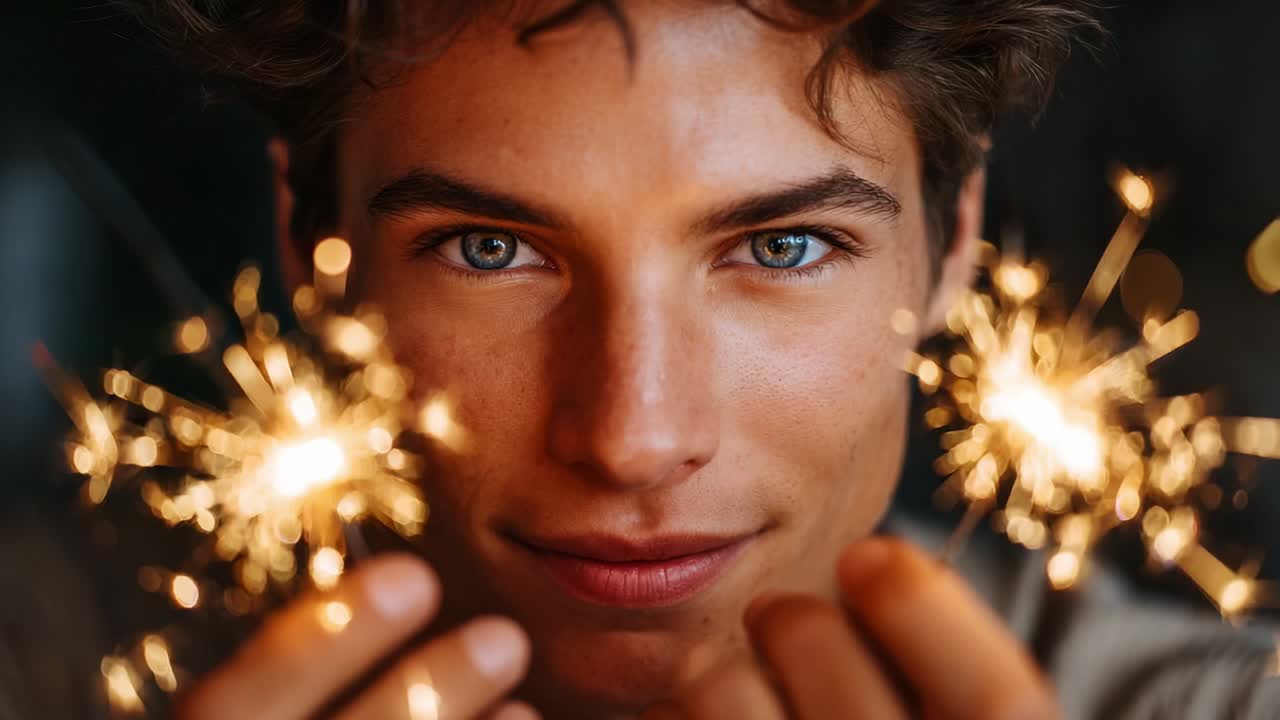 A Young Man with Sparkling Eyes Holding Two Sparklers, Radiating Joy and Excitement, Capturing a Moment of Celebration and Happiness, Embracing the Warmth of Festive Lights and Connections