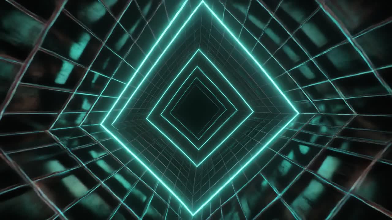 Volo attraverso un tunnel futuristico a griglia neon