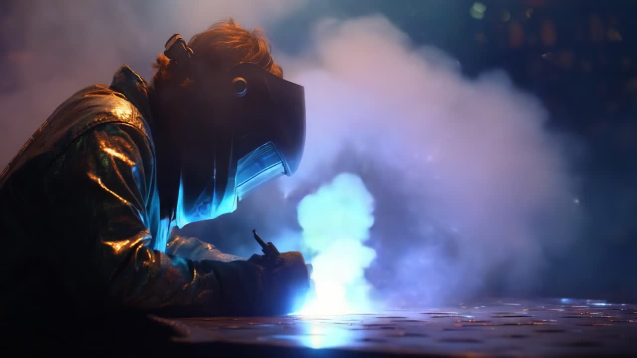 En dygtig svejser i gang med komplekst svejsearbejde, omgivet af farverige gnister og røg, der viser metalbearbejdningens kunstfærdighed og præcision under stemningsfuld belysning