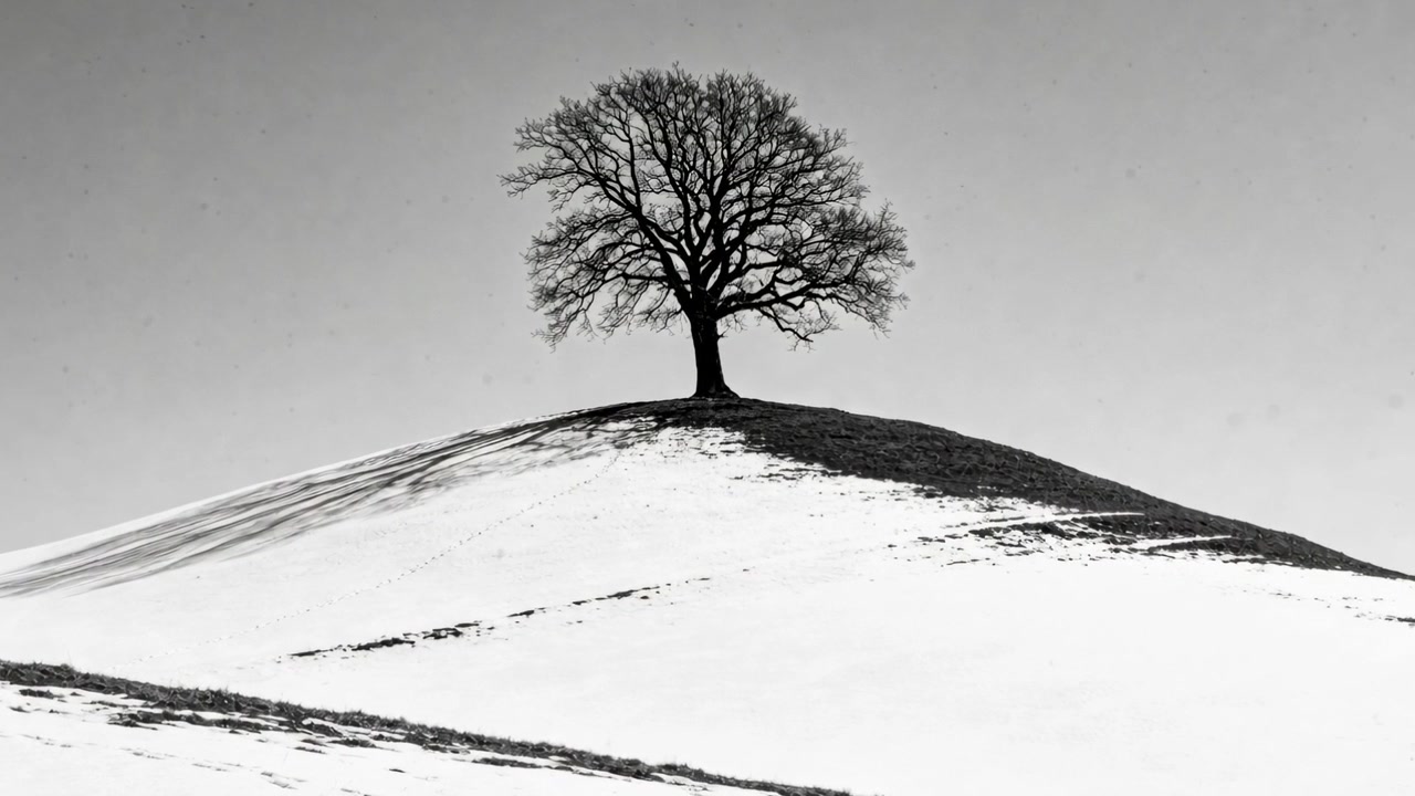 La telecamera si avvicina a un albero spoglio su una collina innevata per una visione più ravvicinata, rivelando striature.