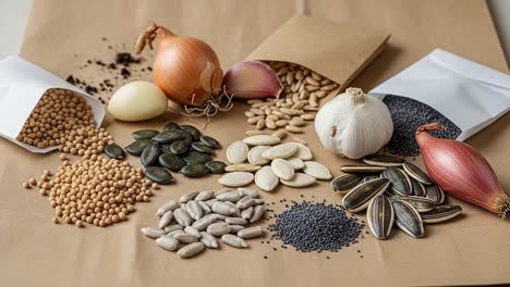 A Colorful Collection of Culinary Seeds and Spices Spread Across a Brown Surface, Showcasing Their Variety and Natural Textures in a Kitchen Setting