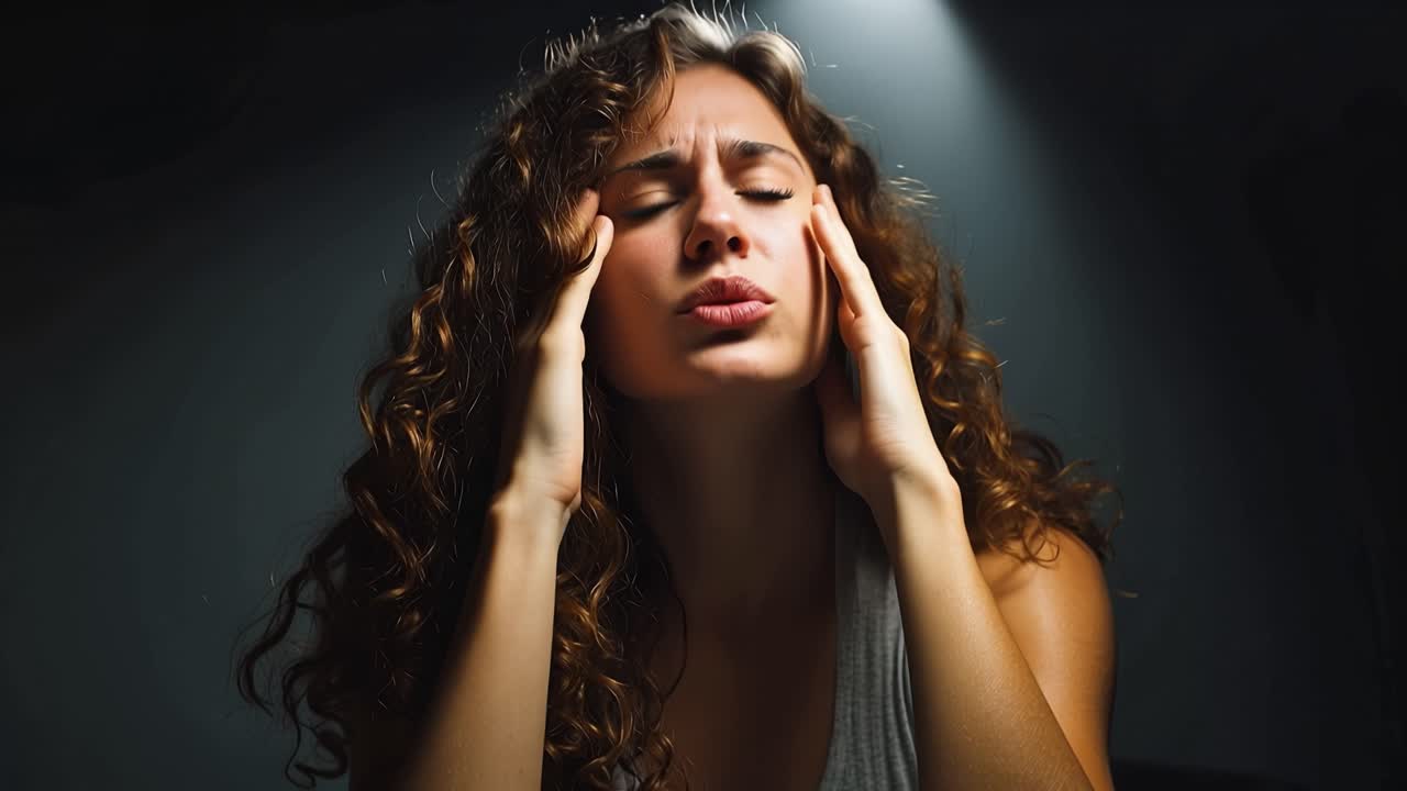 Stanza buia, un unico faro illumina una donna. Si tiene la testa, con gli occhi chiusi, per il dolore o l'angoscia. I suoi capelli ricci incorniciano un'espressione stanca e addolorata
