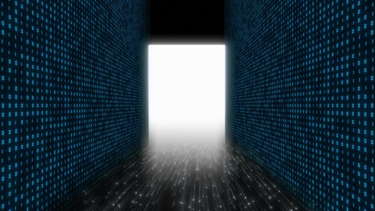Binary code corridor doorway with glowing blue number walls bright white exit and data stream floor