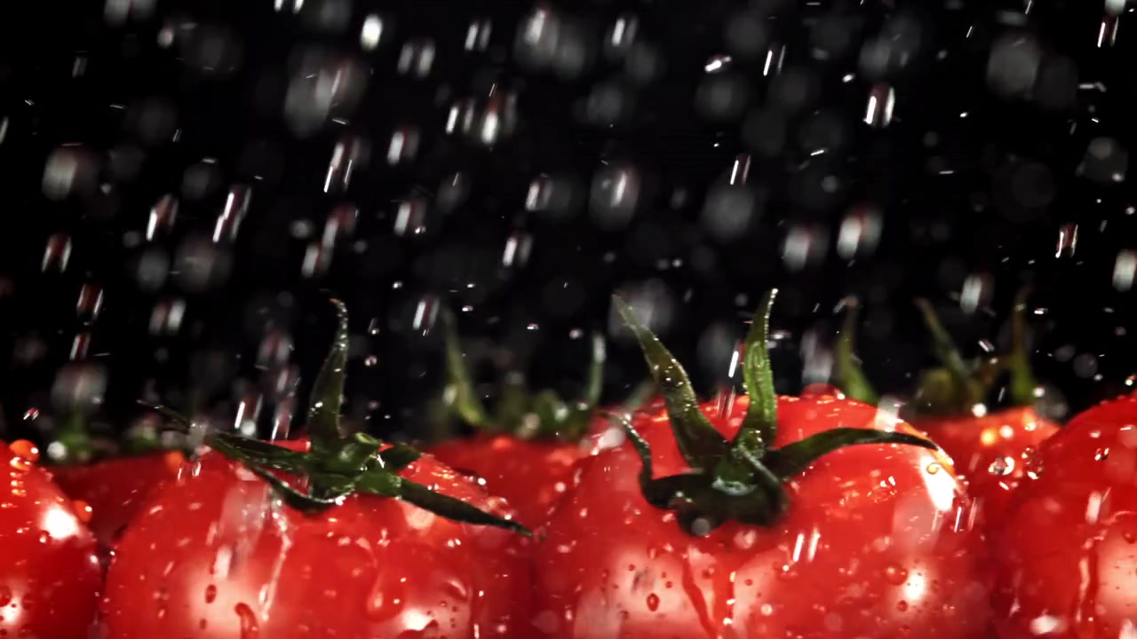 Pomodori rossi freschi con gocce d'acqua che cadono su sfondo nero.