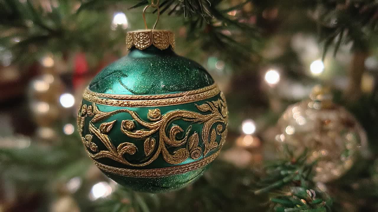 A Beautifully Embellished Ornamental Christmas Bauble Sparkling with Green and Gold Details, Perfectly Hanging Amongst a Festive Tree's Decorations