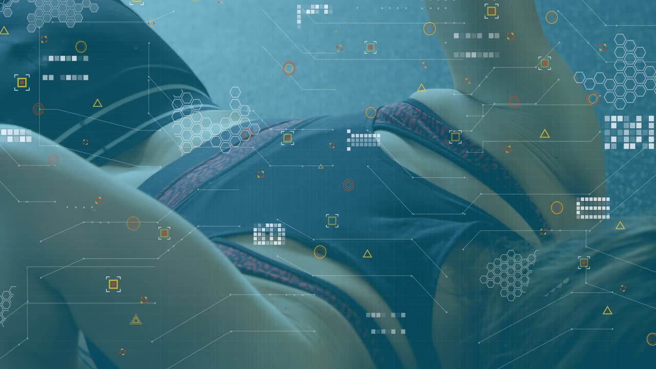 Animation of network of connections over happy caucasian businesswoman using smartphone