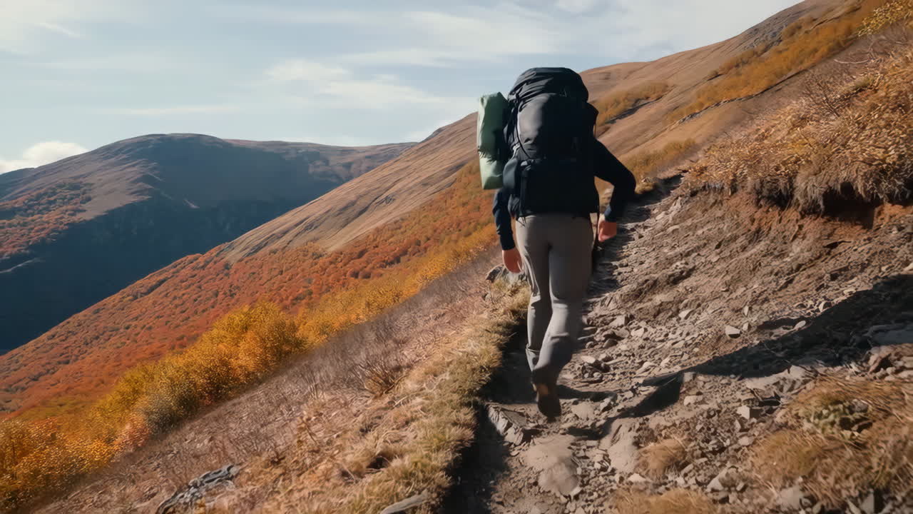 Hiker on a scenic mountain trail amidst vibrant autumn foliage