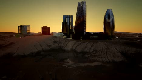 city skyscrapes in desert at sunset