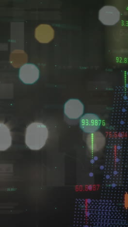 animación de estadísticas y procesamiento de datos financieros sobre luces de carretera de la ciudad fuera de enfoque