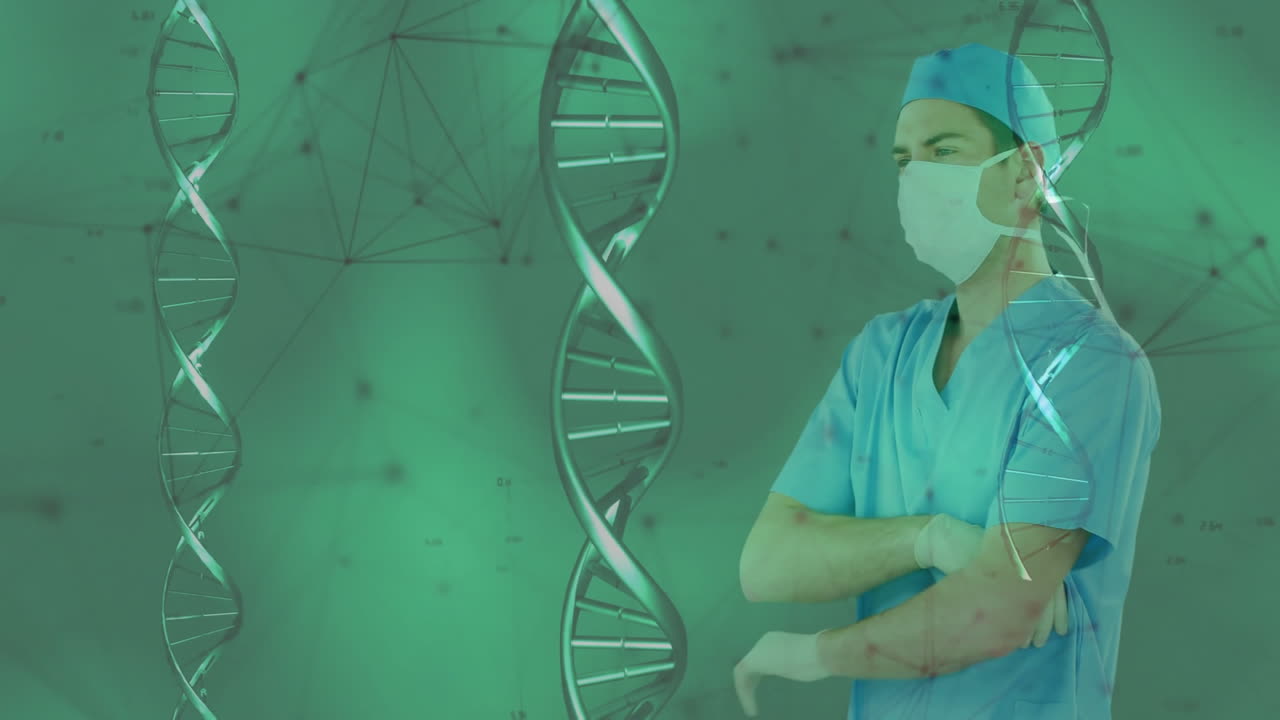 Surgeon crossing arms against green medical backdrop, showcasing floating DNA helix animations