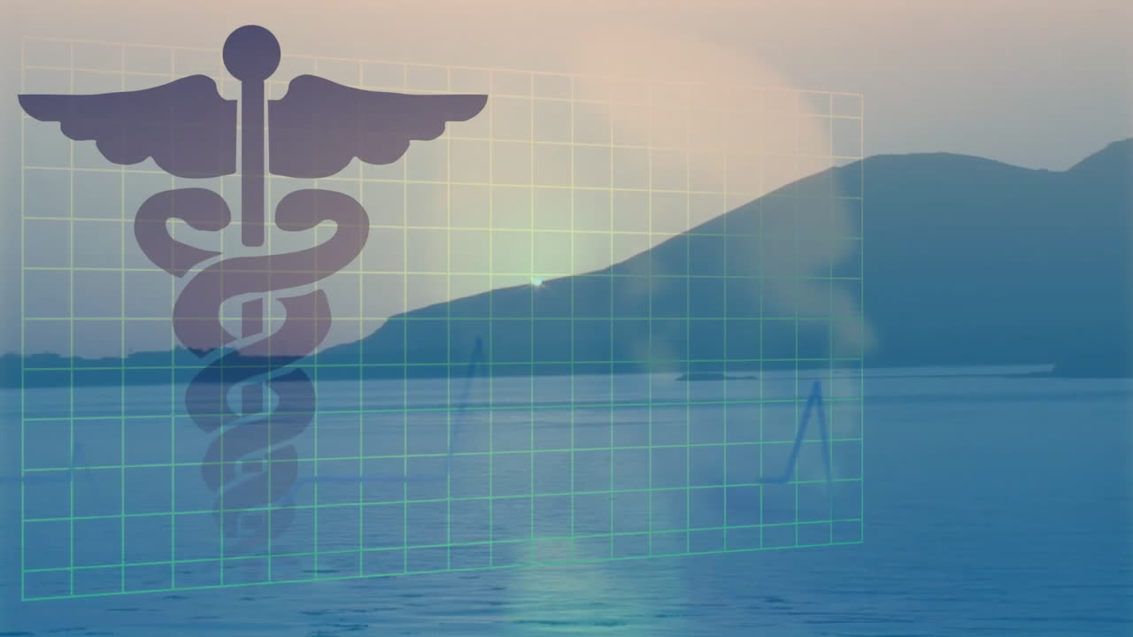 Caduceus symbol and grid animation over serene lake and mountain landscape