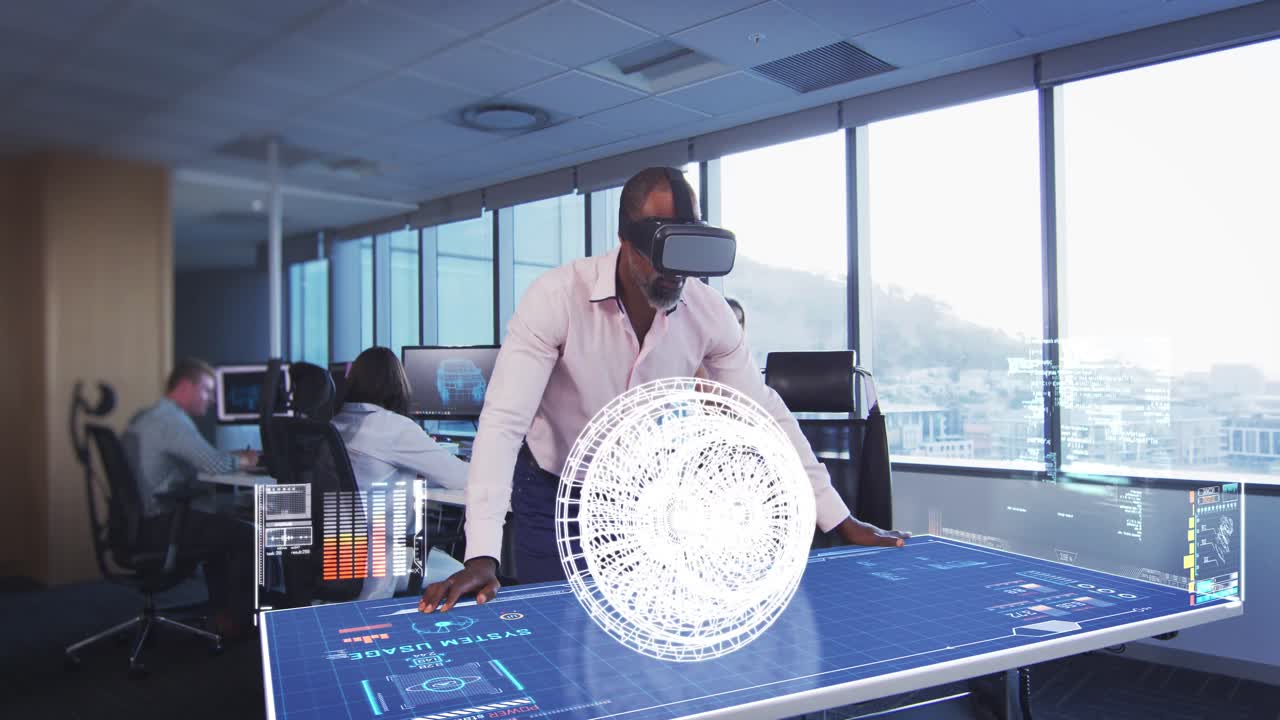 Animation of a businessman wearing a VR headset with a 3d plan on a table