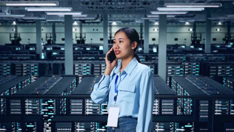 vista lateral de una mujer de negocios asiática hablando por teléfono móvil en un centro de datos