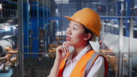 vista lateral de cerca de una ingeniera asiática con casco de seguridad de pie en una fábrica de fabricación de turbinas eólicas. pensando en algo y mirando a su alrededor y luego levantando el dedo índice