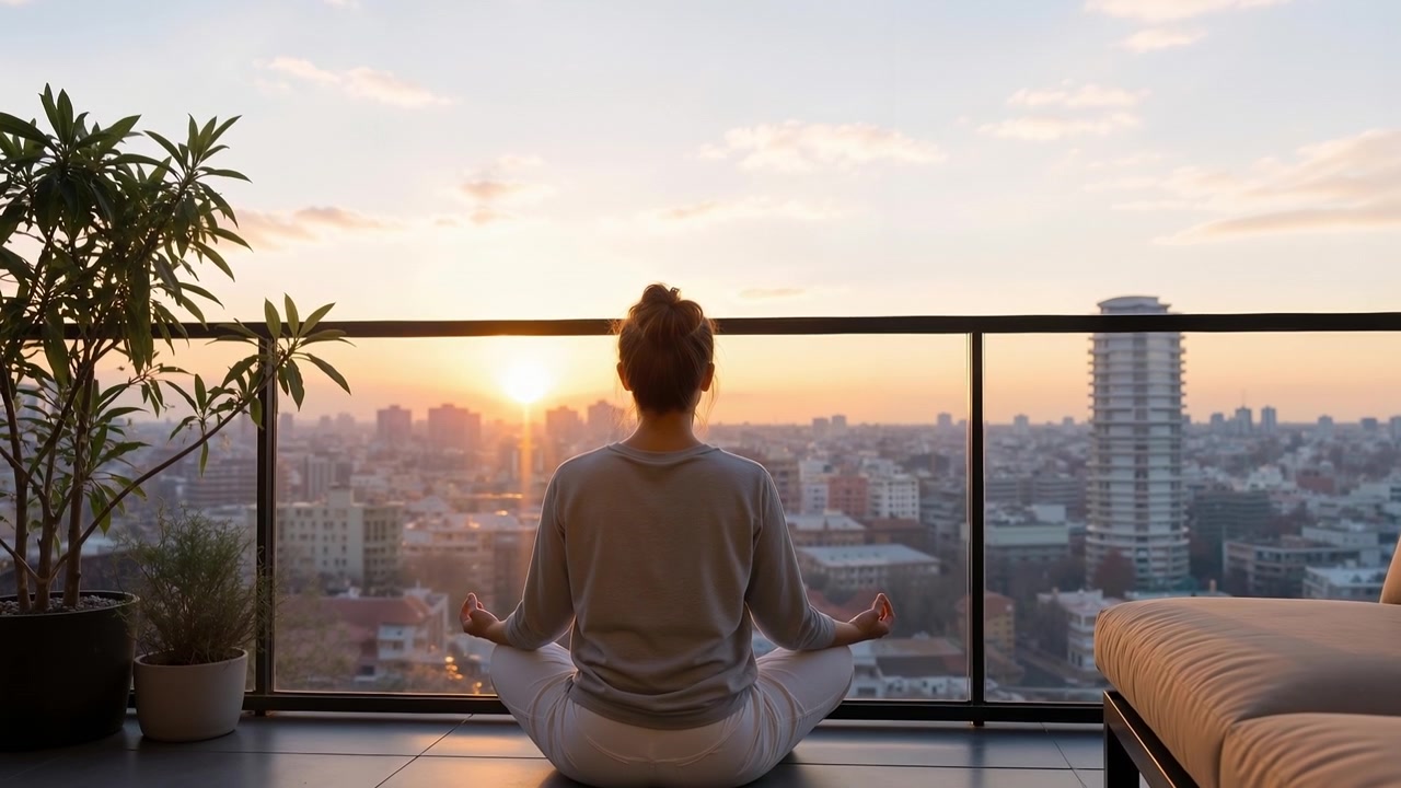 Donna che medita su un balcone alto con vista su un vasto skyline cittadino al tramonto