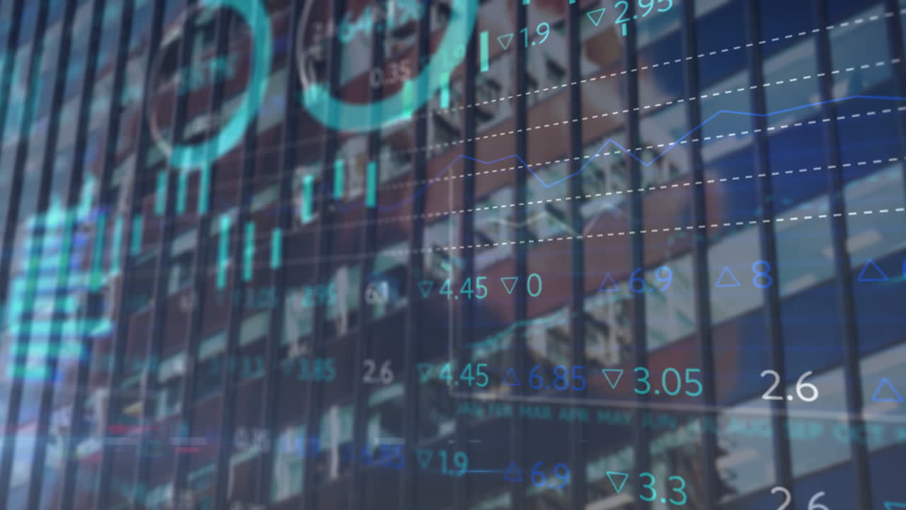 Animation of stock market data processing against tall building