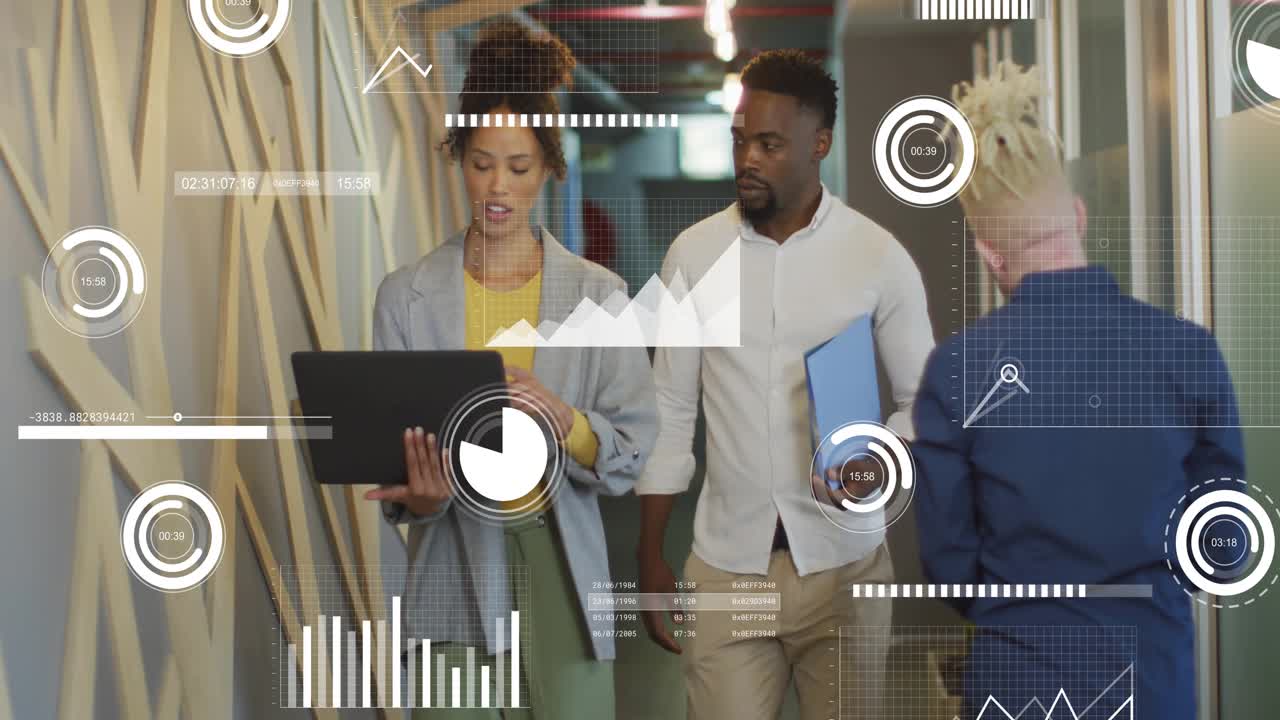 Team walking business hallway, woman pointing laptop reviewing data causing HUD graphs growing