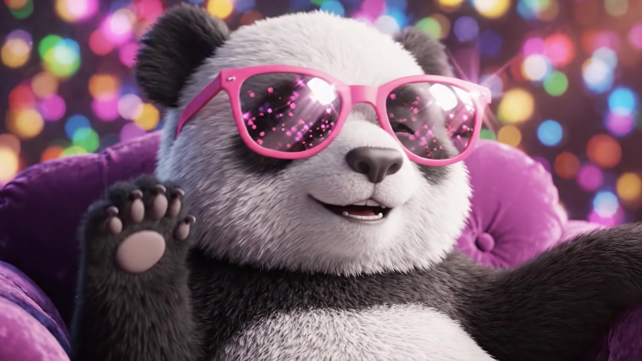 Un panda giocoso con occhiali da sole rosa si rilassa su una lussuosa poltrona viola, emanando fascino e sicurezza in mezzo a uno sfondo bokeh vibrante e colorato pieno di luci festive.
