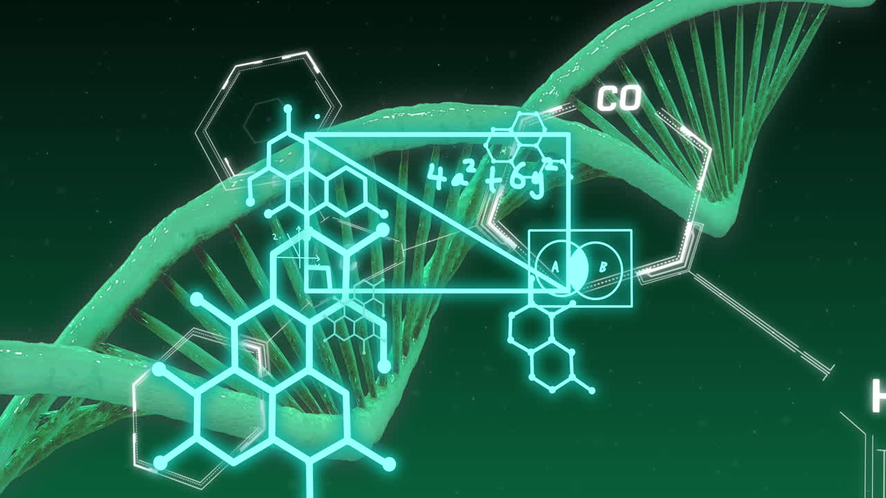 Animation of mathematical equations over dna strand on green background