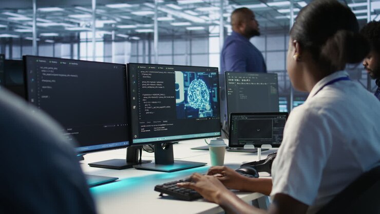 Team of programmers working in a modern office environment.