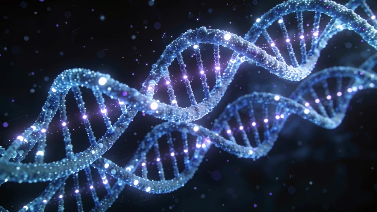 La telecamera si allontana, eliche di DNA perlate che ruotano e nodi che pulsano nello spazio digitale per rivelare profondità.
