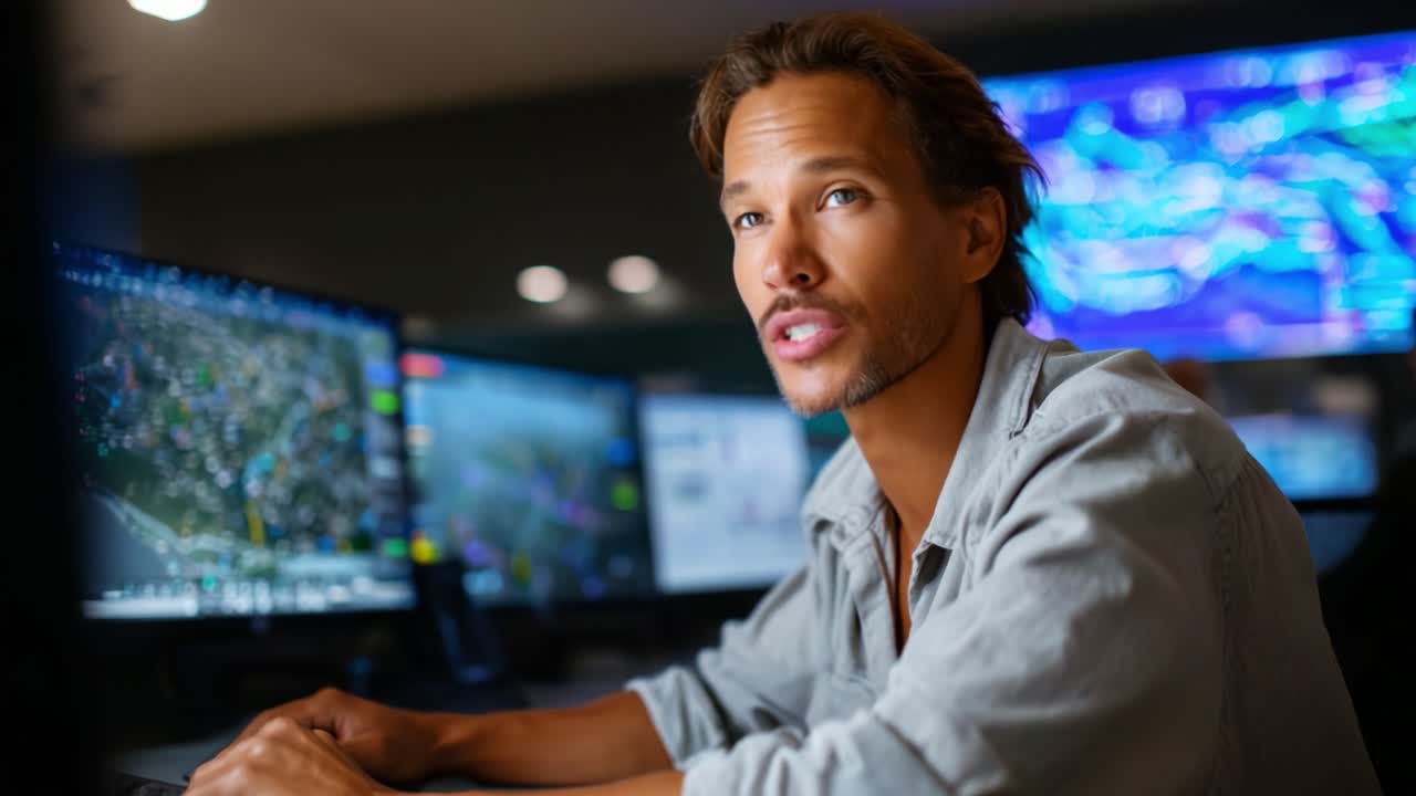 Focused Professional Analyzing Data on Multiple Monitors in a Modern Control Room Environment, Exemplifying Concentration and Engagement with Technology
