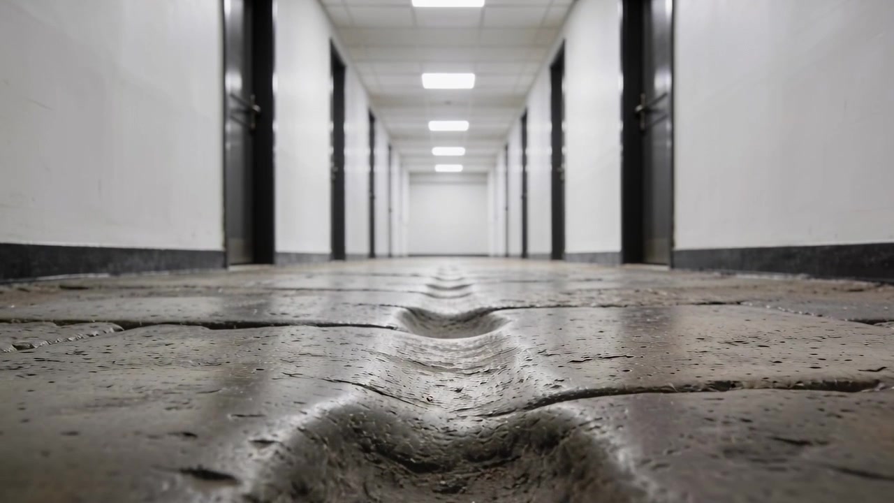 Pushing low floor camera revealing worn center groove along corridor, showing texture and symmetry