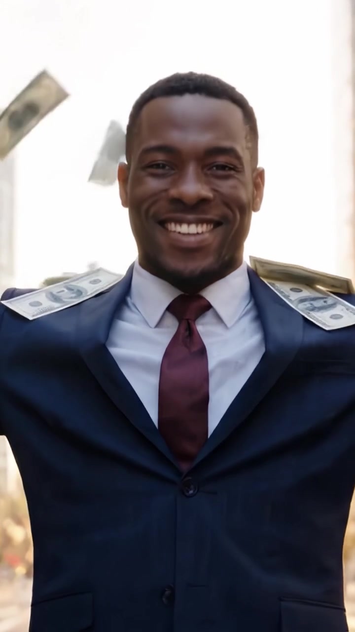 Un uomo gioioso in abito vive un momento di trionfo e successo, celebrando con denaro tra le mani mentre cammina attraverso un vivace ambiente urbano.