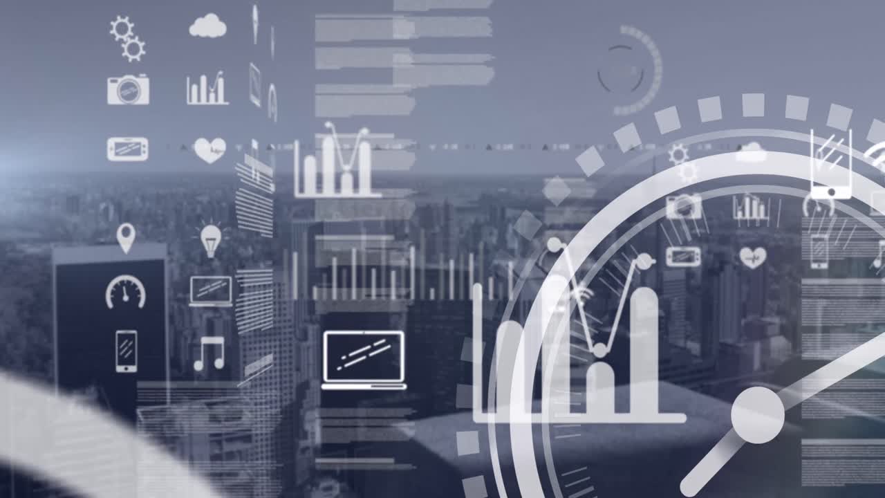 Animation of tech icons and clock over cityscape
