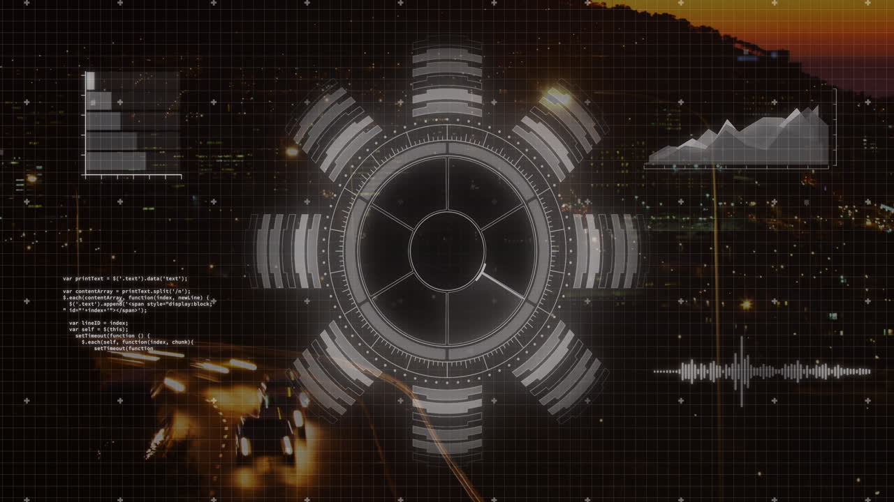 둥근 스캐너의 애니메이션과 밤에 도시 교통의 공중 전망에 대한 데이터 처리