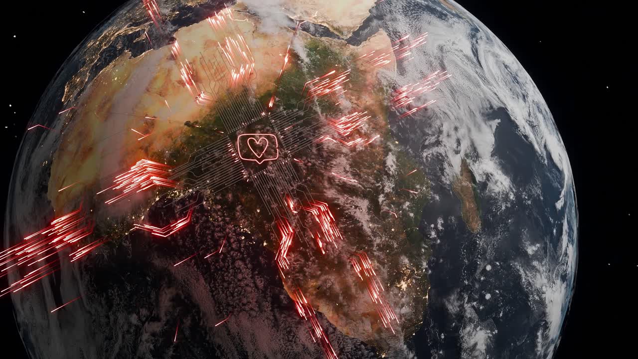Planet Earth showing central Africa with heart symbol inside chat bubble and red digital network lines. Social media communication and global connection concept for poster and wallpaper.