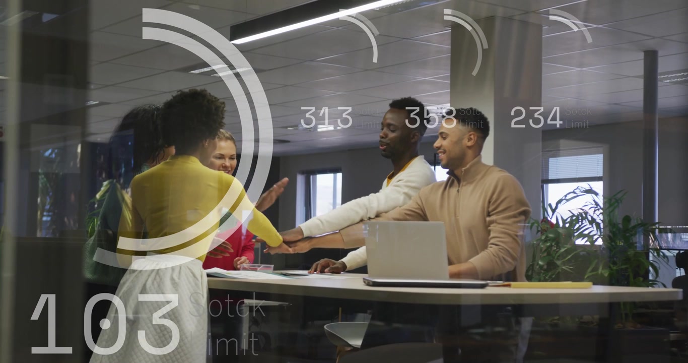 Five business team around table, woman in yellow starting hand stack for sync, HUD updating values