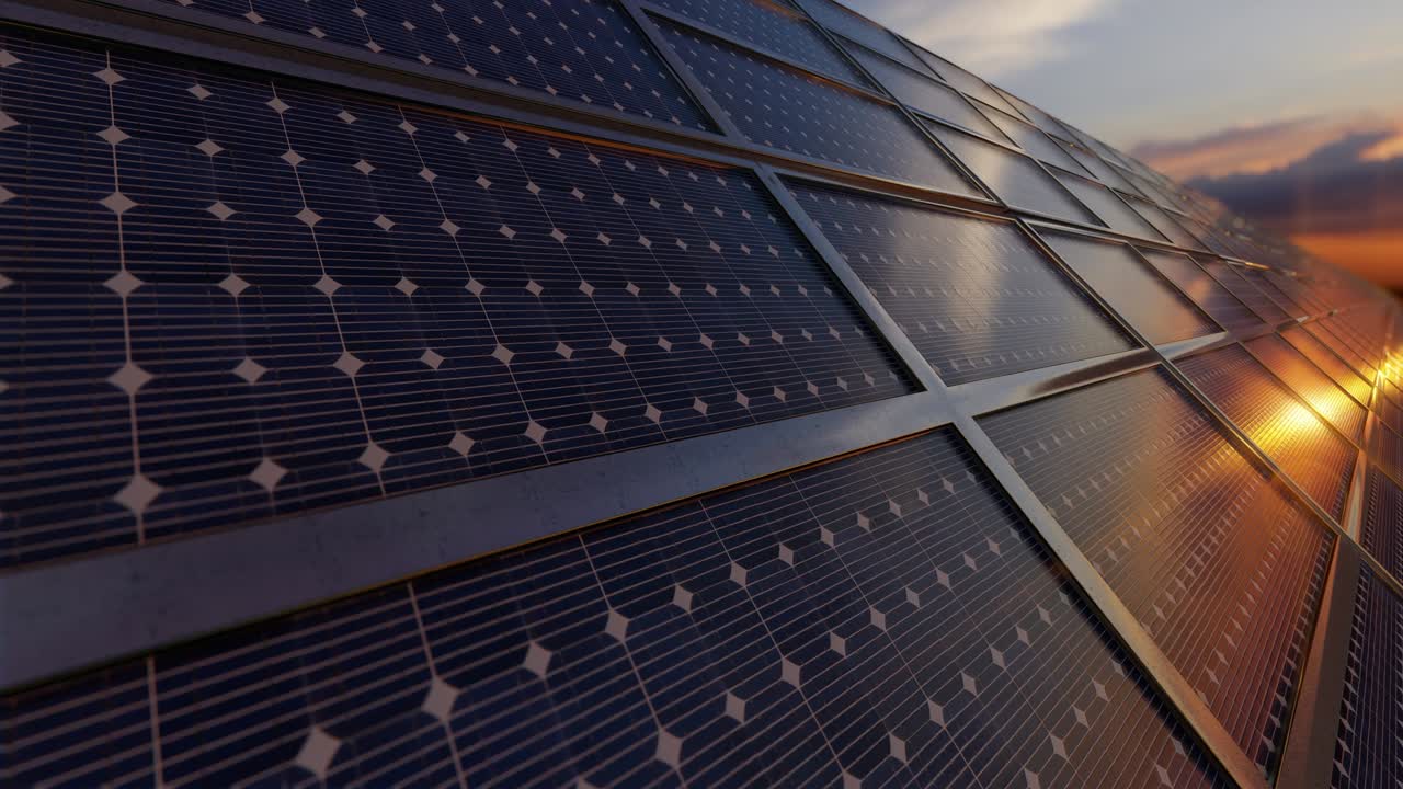 cerca de los paneles de energía solar de la granja contra el amanecer mágico