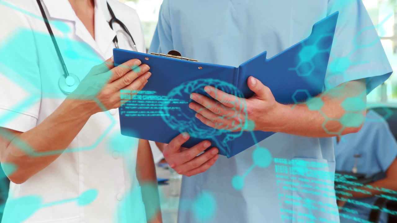 Animation of data processing and chemical formula over caucasian doctors holding clipboard